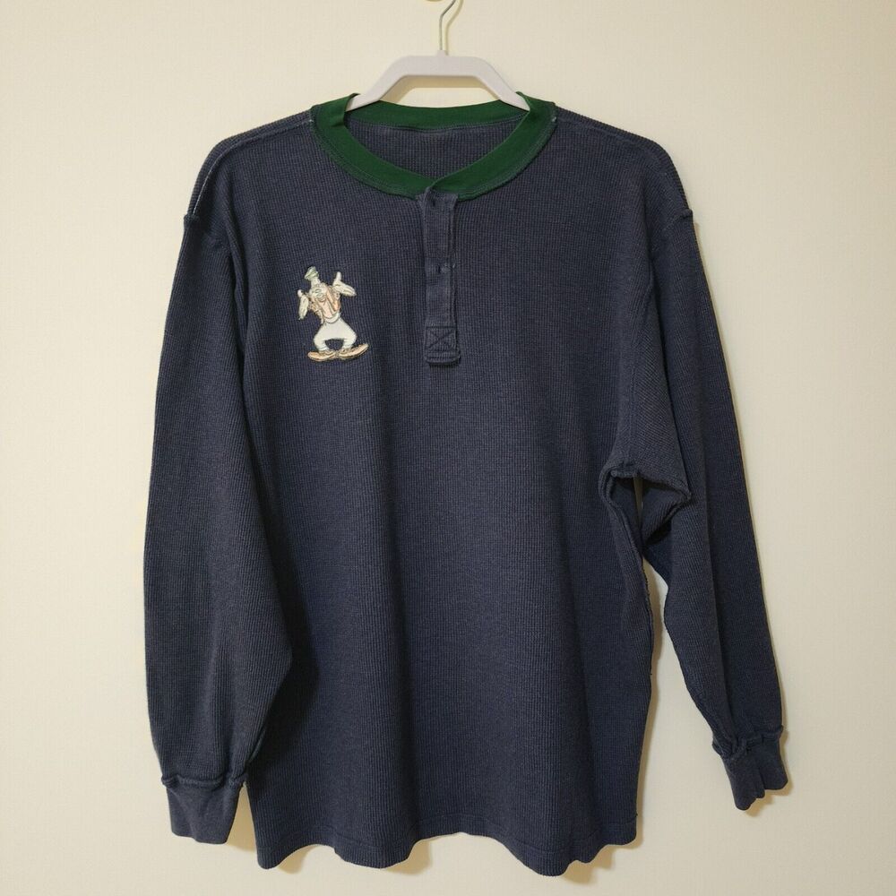 Disney Store Mens Cotton Henley Shirt M Embroidered Goofy Waffle Blue Green Trim - Picture 4 of 9